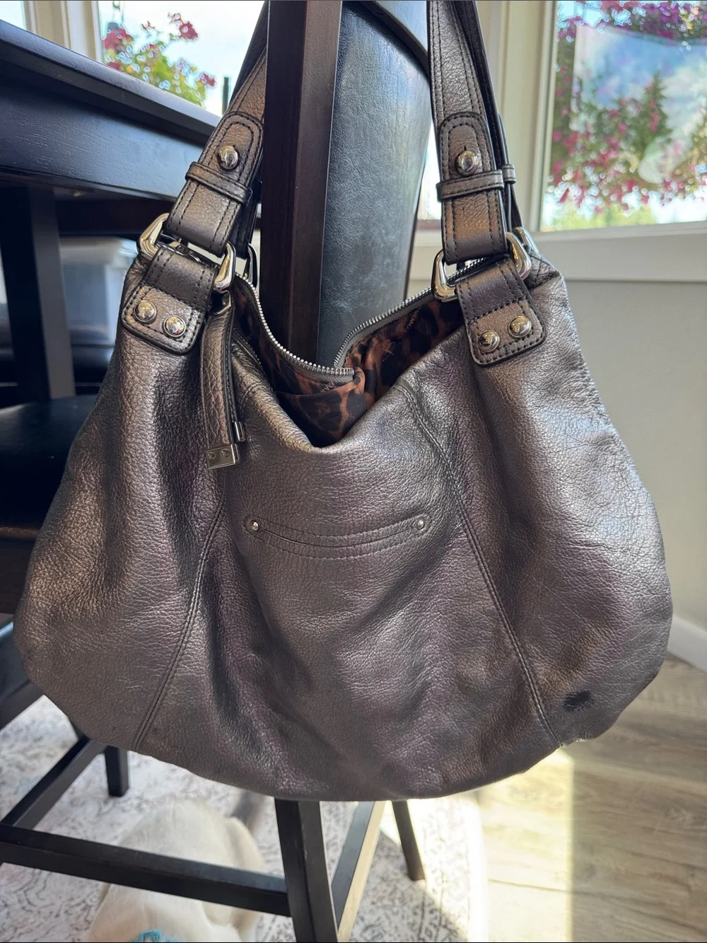 b. makowsky Metallic Gray Leather Hobo Shoulder Bag